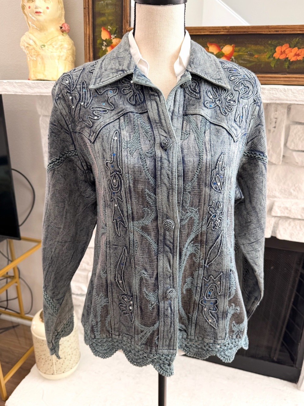 Flashback Western Embroidered Floral Sequin Boho Jacket Blue Gray Medium